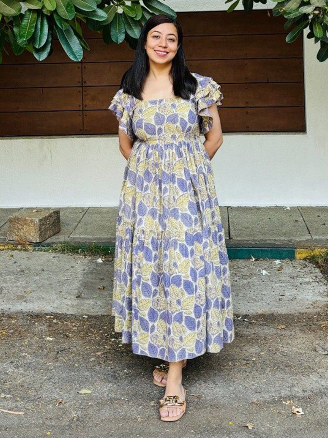 Darakht Floral Print Flutter Sleeve Ruffled A-Line Maxi Dress