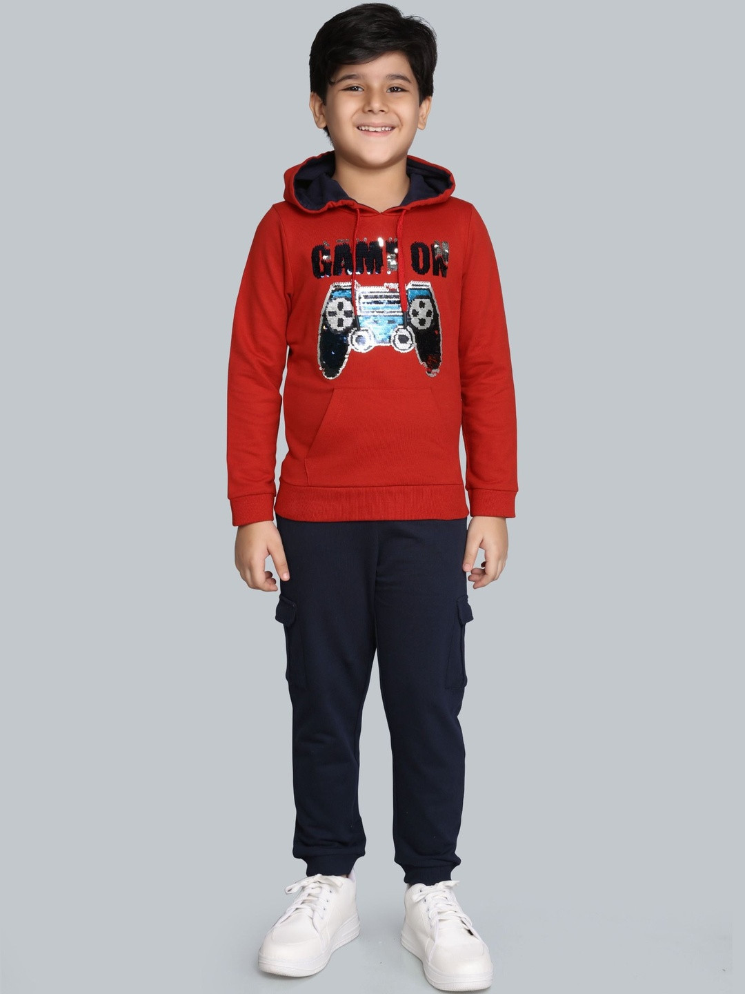PLUM TREE Boys Printed Hooded Collar Pure Cotton Printed Sweatshirt With Cargo Joggers