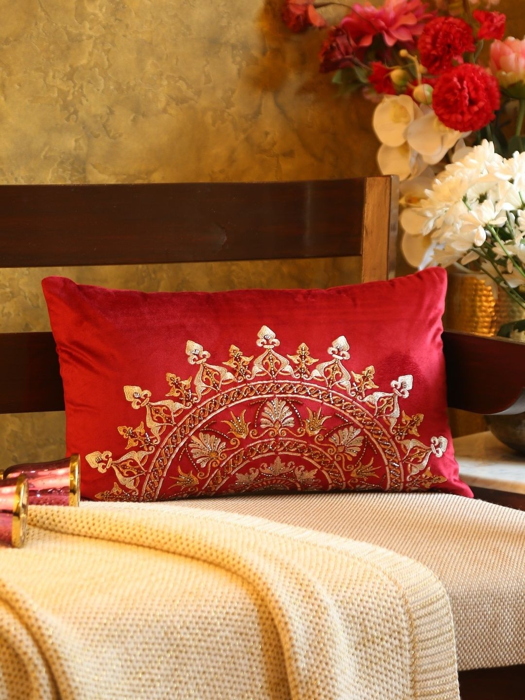 Revive Home Burgundy & Gold-Toned Ethnic Motifs Velvet Rectangle Cushion Covers