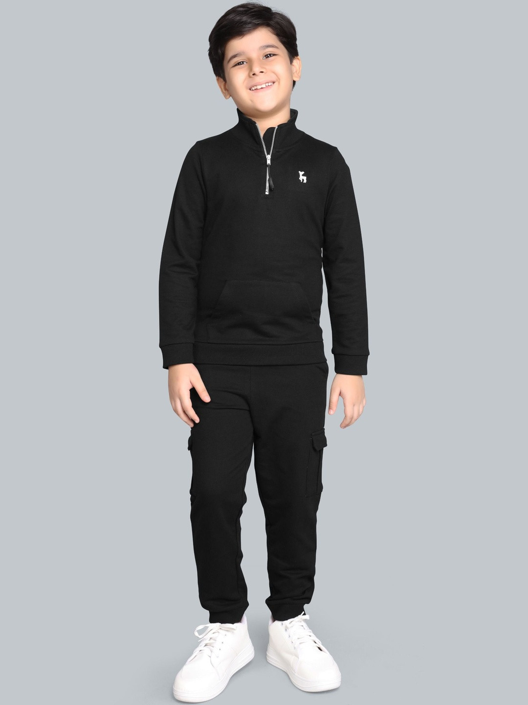 PLUM TREE Boys Half Zipper Mock Neck Pure Cotton Sweatshirt With Cargo Joggers