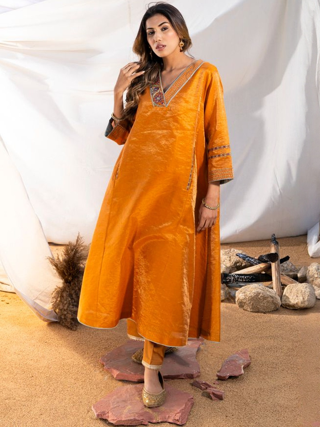 The White Tree Studio Floral Yoke Design Thread Work With Trousers