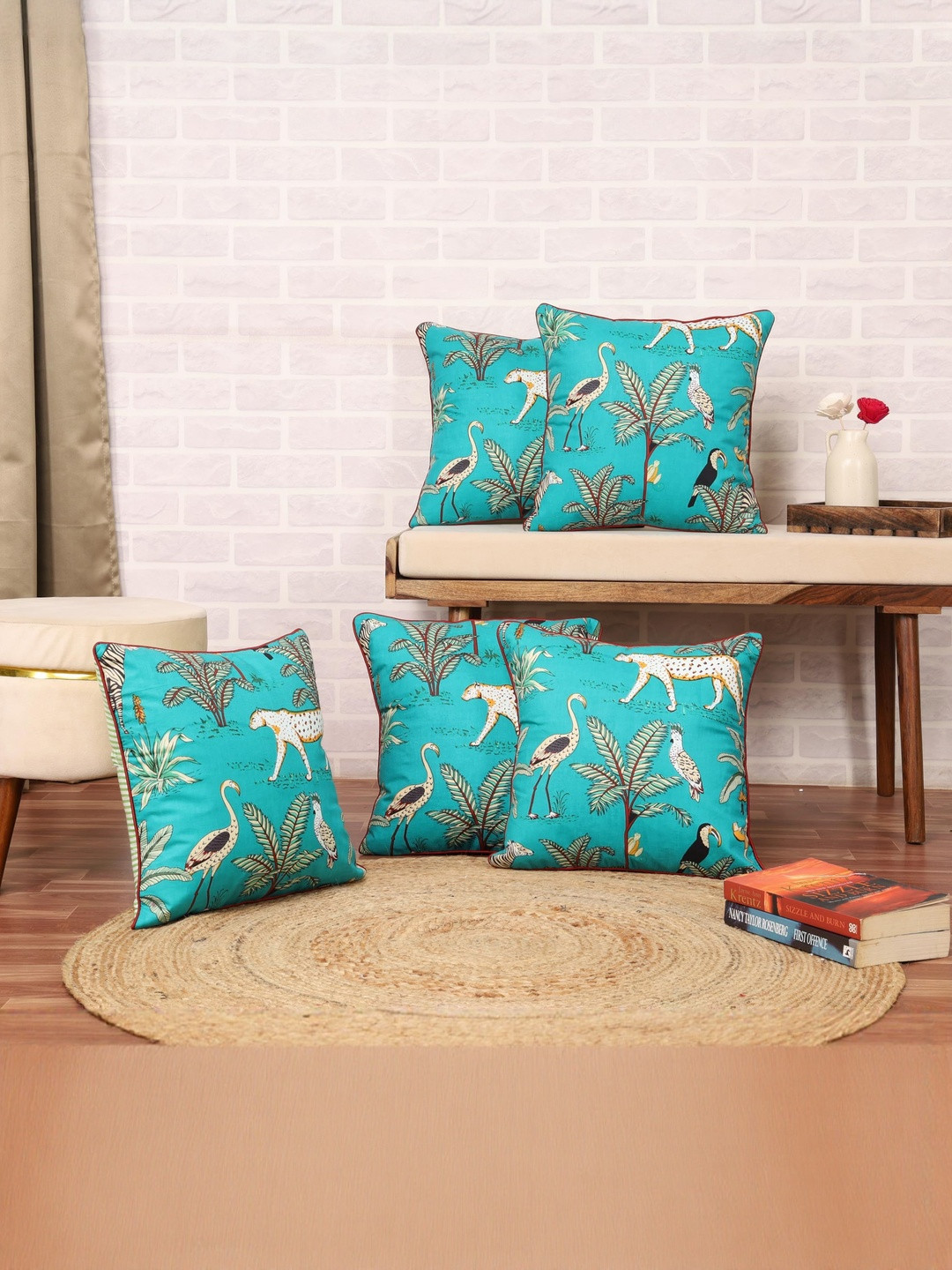 DECOWAT Blue 5 Pieces Animal Printed Cotton Square Shape Cushion Covers