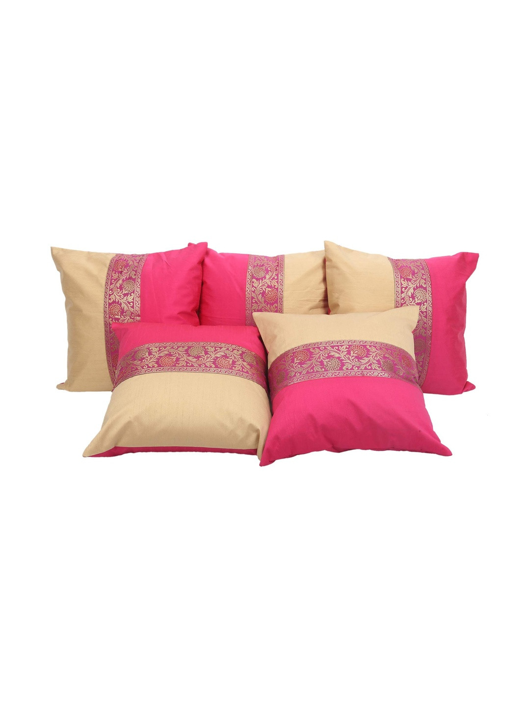 DECOWAT Pink & Brown 5 Pieces Embroidered Pure Silk Square Pillow Covers