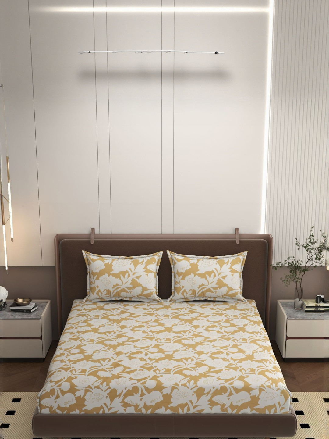 Bromwick Beige Floral Printed Cotton 250 TC Flat Double Bedsheet With 2 Pillow Covers