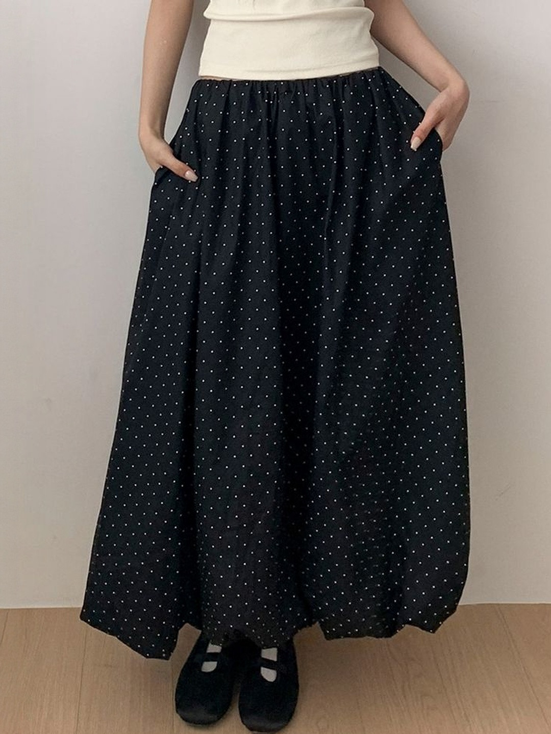 LULU & SKY Women Pin Dot High Rise Flared Maxi Bubble Skirt