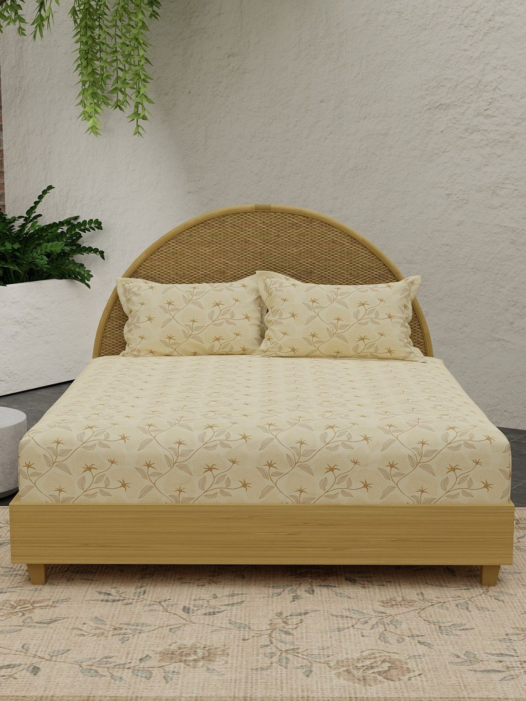 Boutique Living India Nature Bouquet Beige Printed Cotton 300 TC King Bedsheet 2.74x2.74 m
