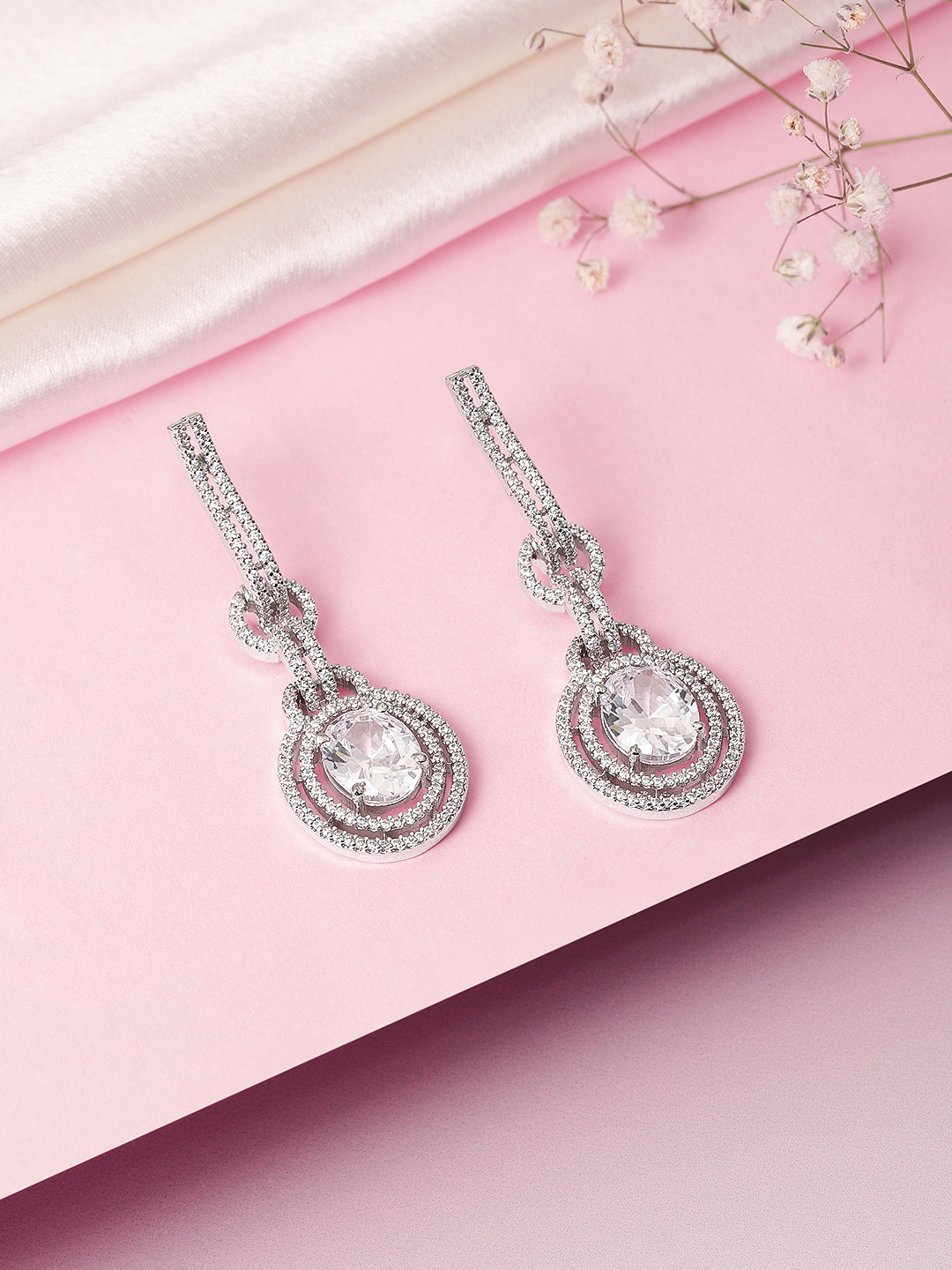 Peora Silver-Plated Oval Shaped Crystal-Studded Drop Earrings
