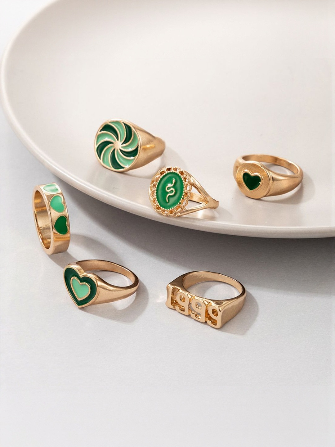 TheVineGirl Set Of 6 Gold-Plated Dripping Oil Love 1999 Feelings Finger Rings