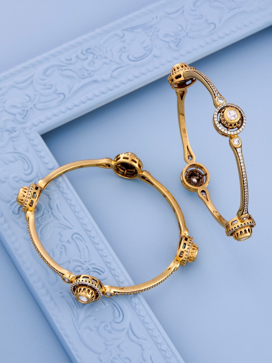 Kushal's Fashion Jewellery Set Of 2 Victorian-Plated Kundan Stone Studded Bangles