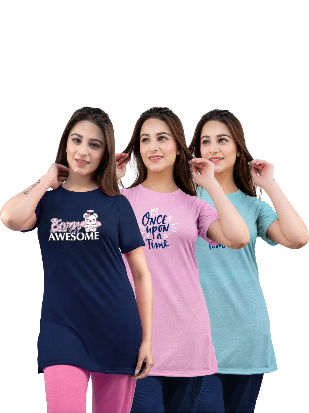 URBE-URBAN EVOLUTION Women Pack Of 3 Round Neck Printed Lounge T-Shirt
