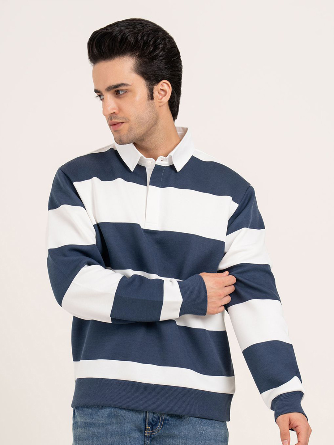 Red Tape Men Striped Shirt Collar Sweatshirt