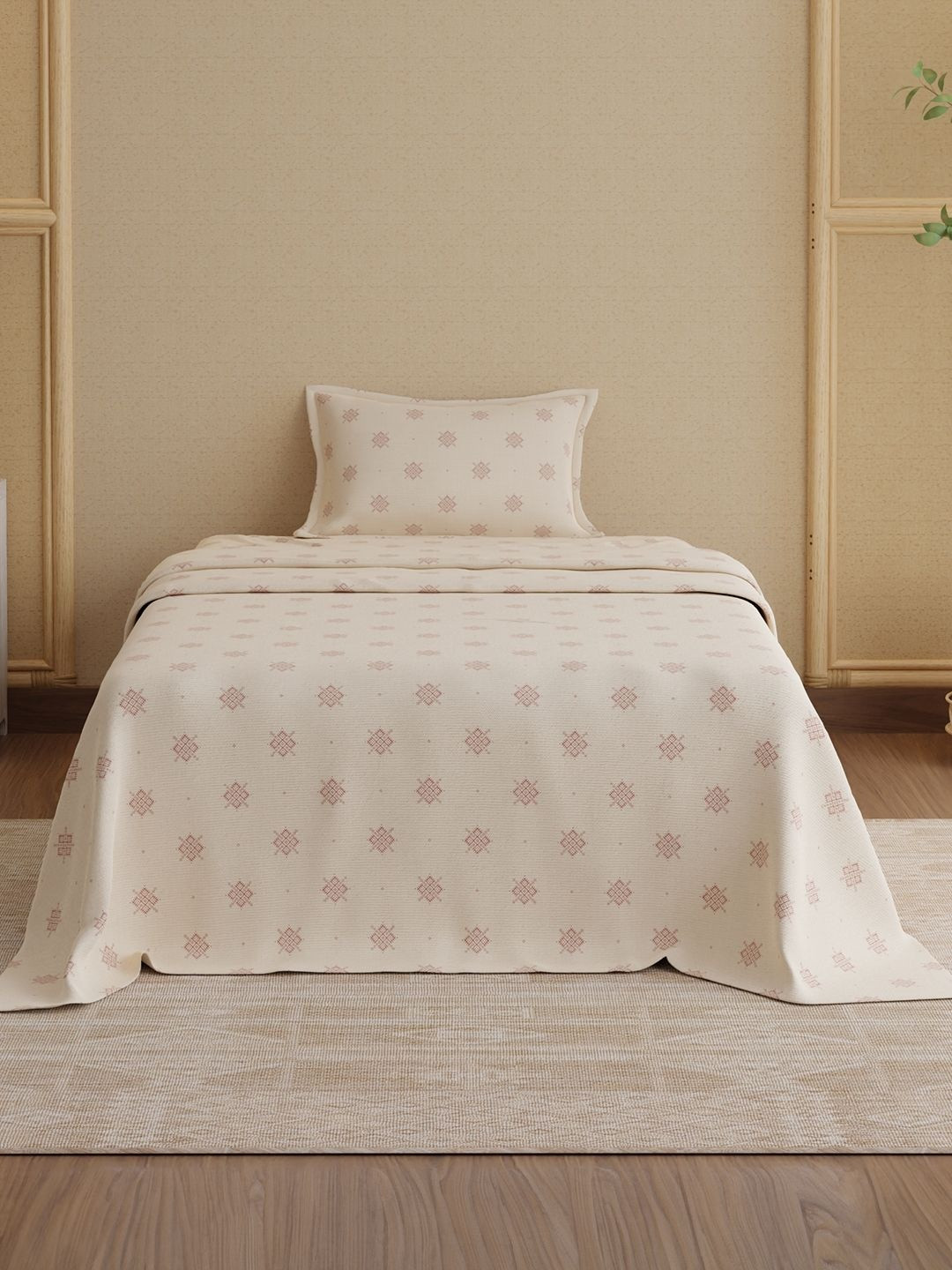 Boutique Living India Cream 200 TC Single Bedsheet with 1 Pillow Covers 2.24 m x 1.52 m