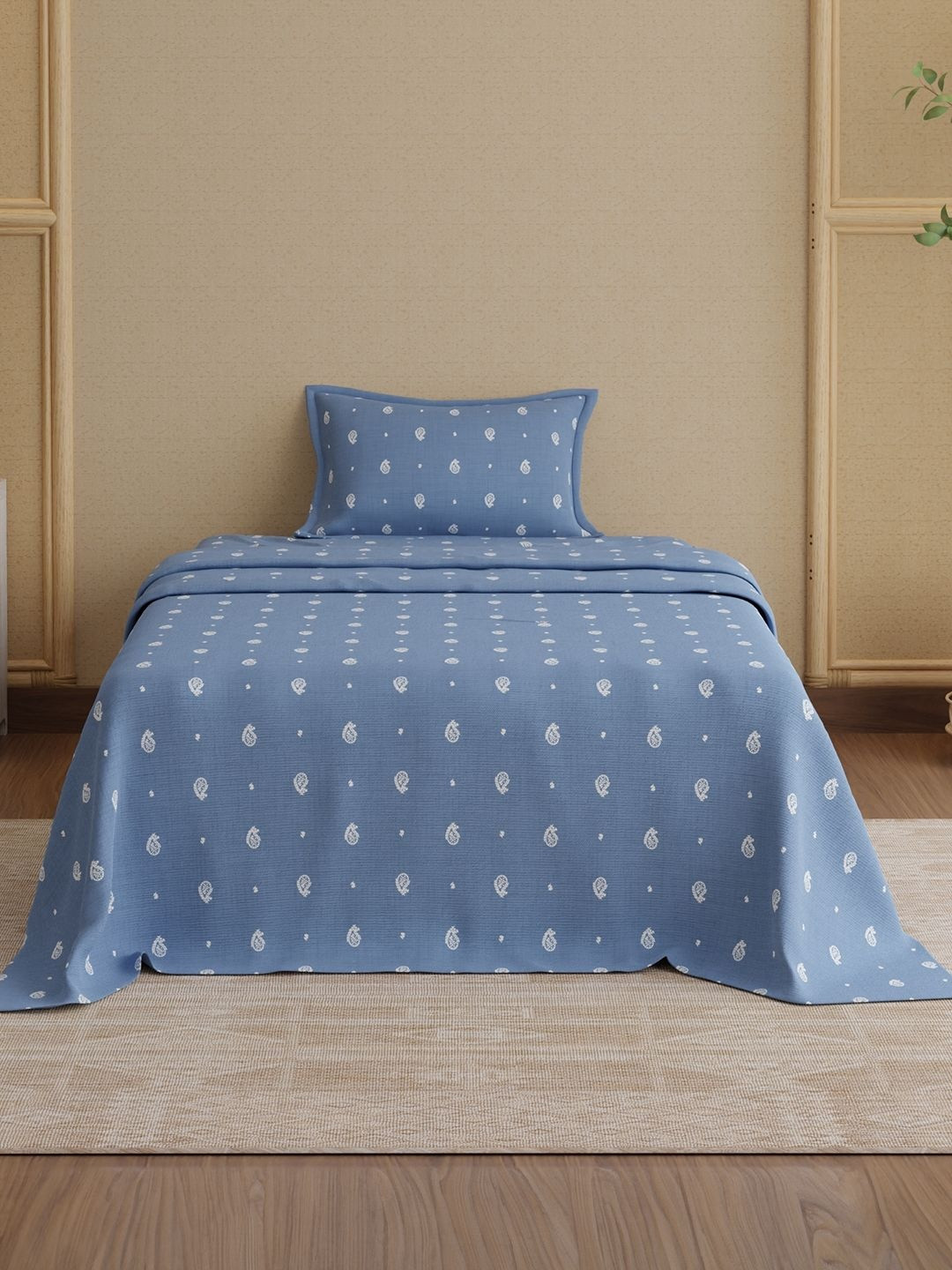 Boutique Living India Blue 200 TC Single Bedsheet with 1 Pillow Covers