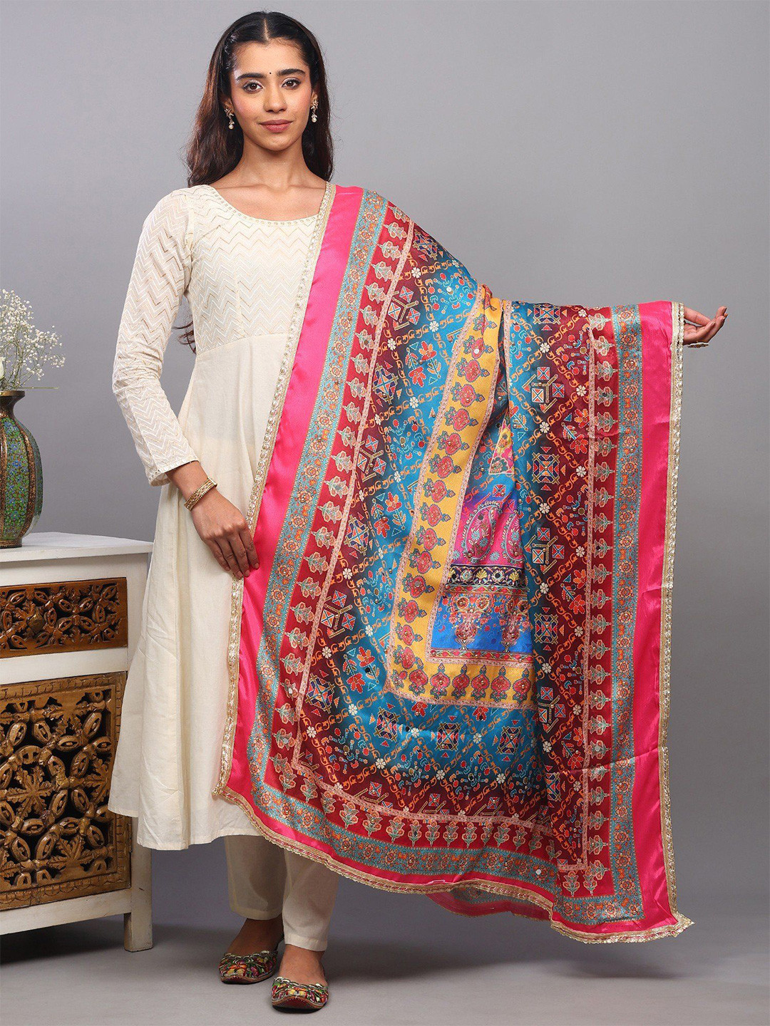 Exotic India Paisley Printed Mirror Work Art Silk Dupatta