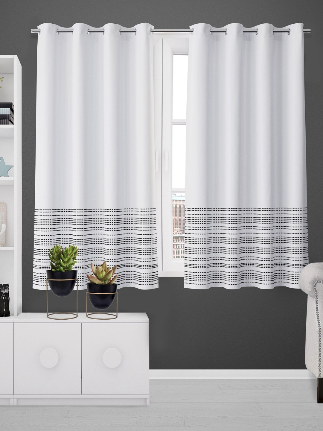 HOME COLORS.IN White Striped Cotton 2 Pieces Window Eyelet Curtains