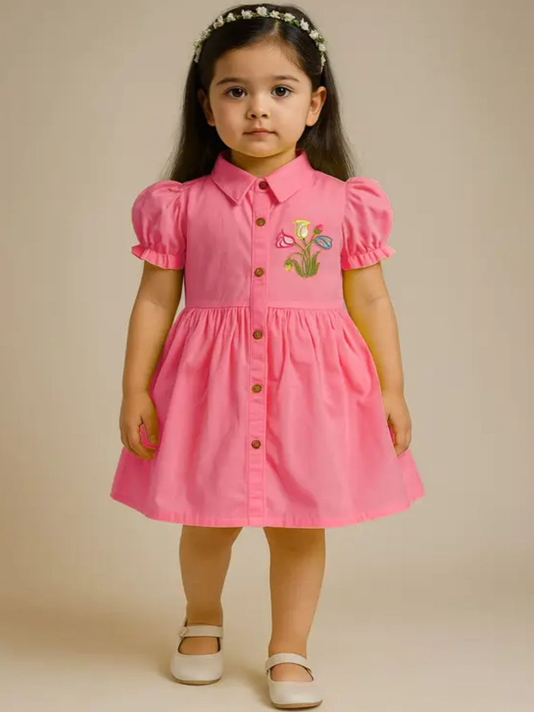 Heni fashion Girls Floral Embroidered Puff Sleeve Pleated Detail Fit & Flare Dress