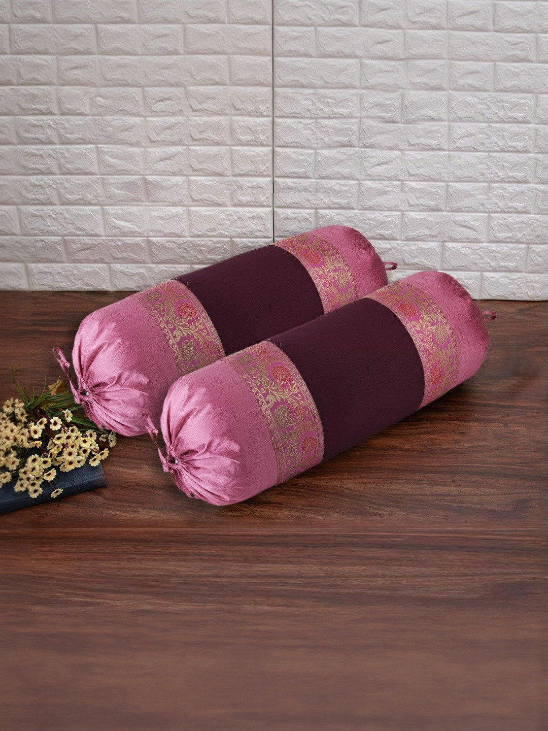 DECOWAT Maroon 2 Pieces Jacquard Pure Silk Other Pillow Covers