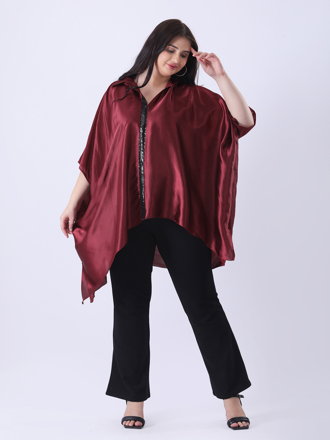 Qurvii+ Women Shirt Collar Embellished Kaftan Tunic