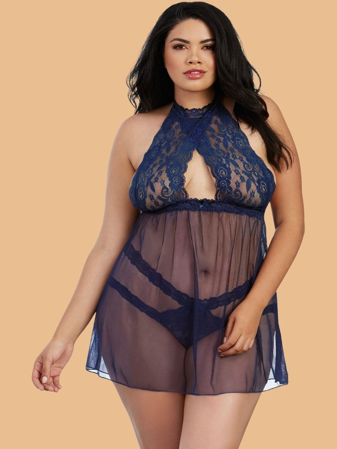 ZERJAMA Women Halter Neck Lace Mesh Baby Doll With Matching Lace G-String