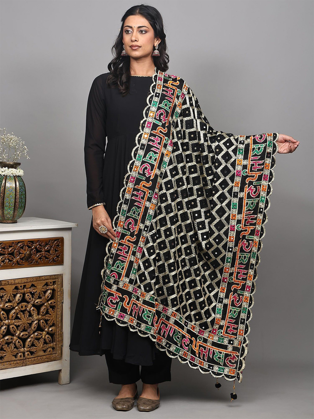 Exotic India Black-Onyx Punjaban Phulkari Dupatta with Embroidery Bead-Mirror Work