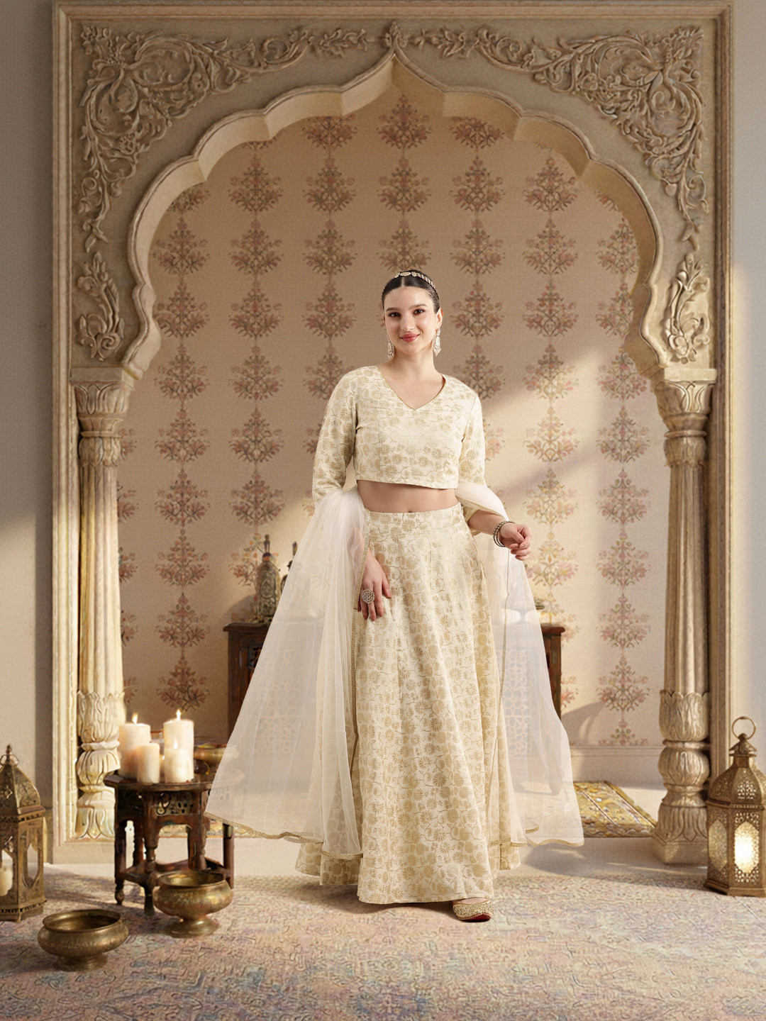 House of Pataudi Jashn Foil Print Lehenga & Blouse With Dupatta