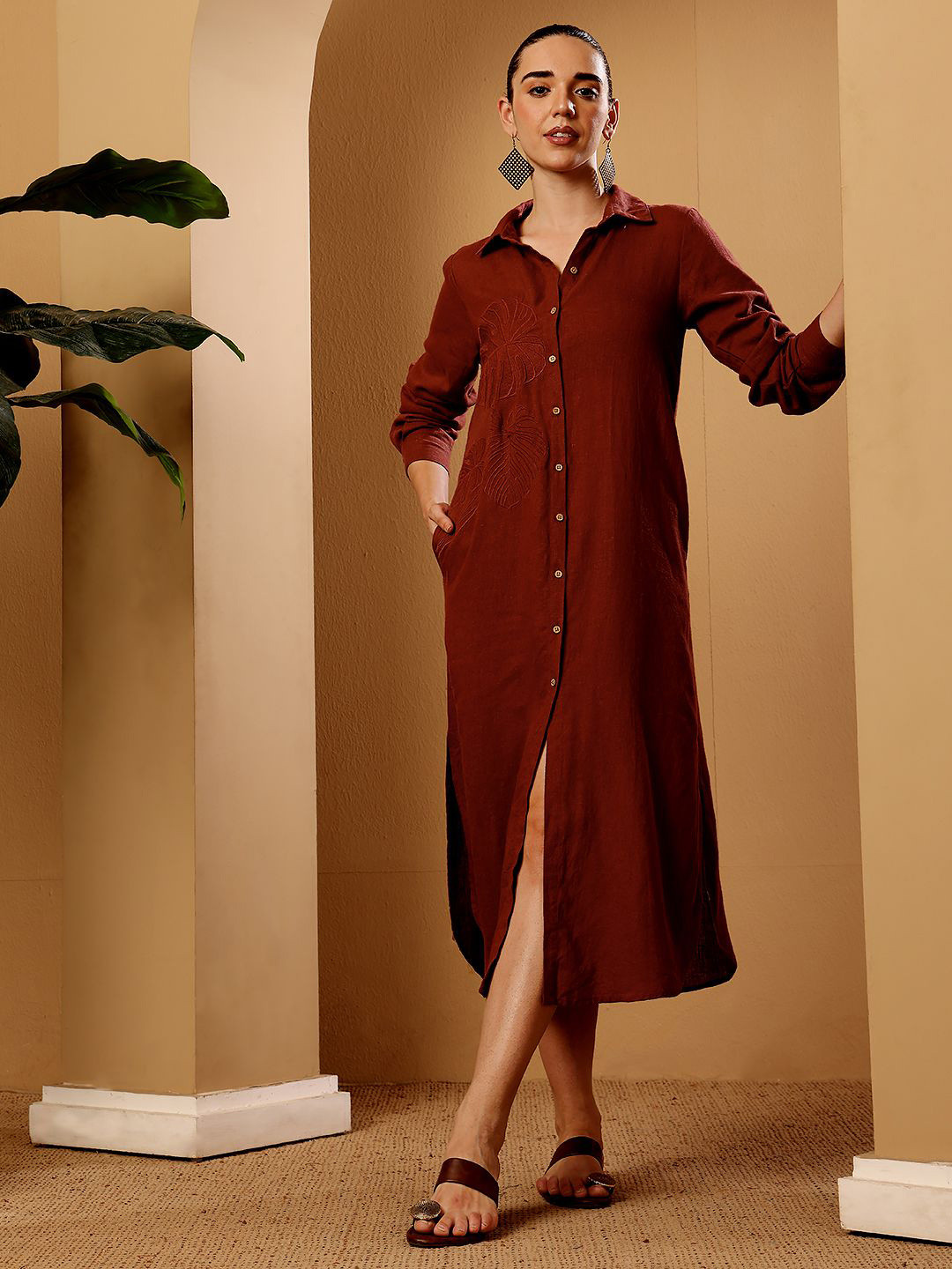 ELIAKI ENTERPRISES Tropical Embroidered Long Sleeves Cotton Linen Shirt Midi Dress