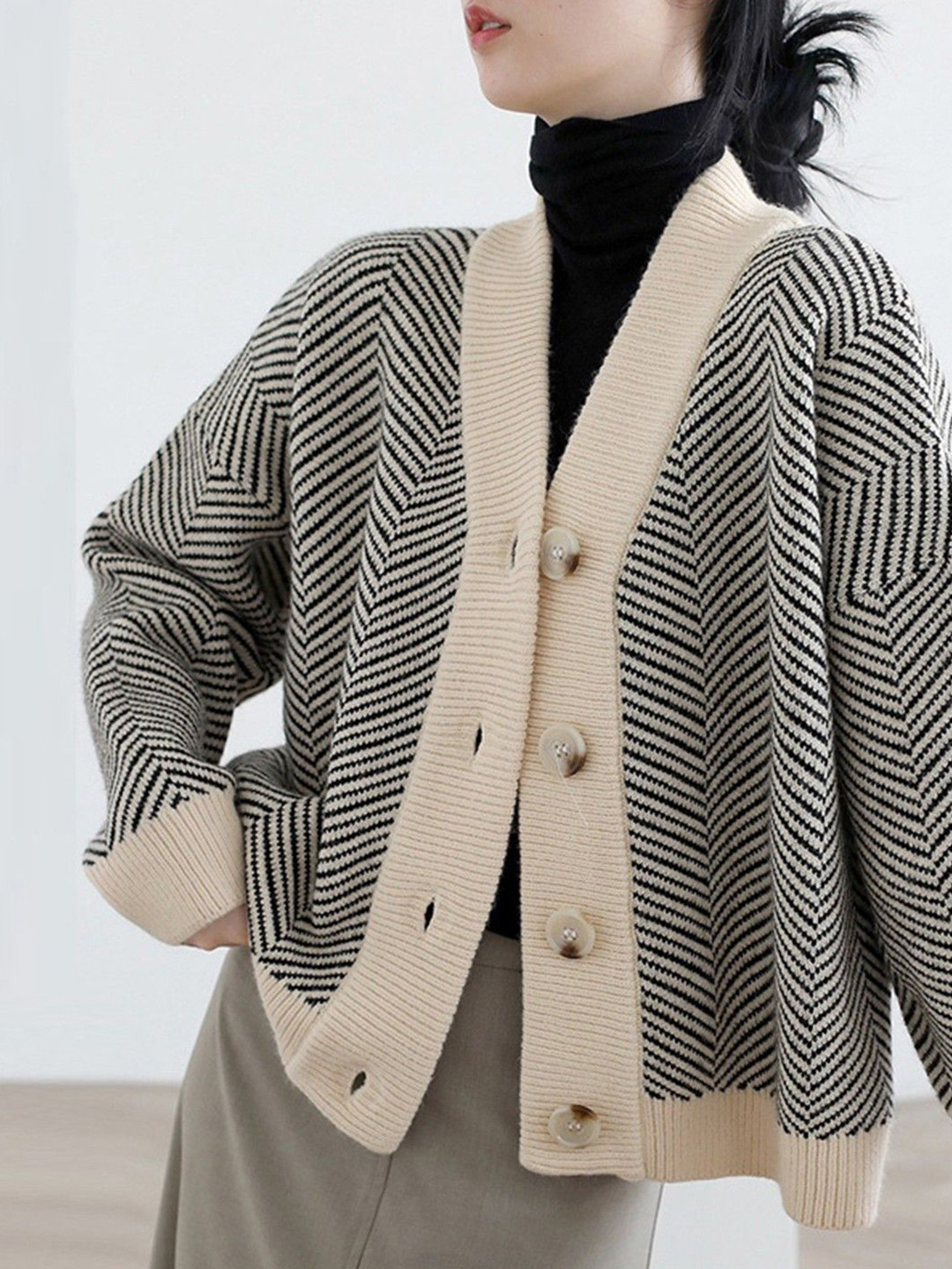 Mast & Harbour Women Chevron Printed  Long Sleeve Woollen Cardigan