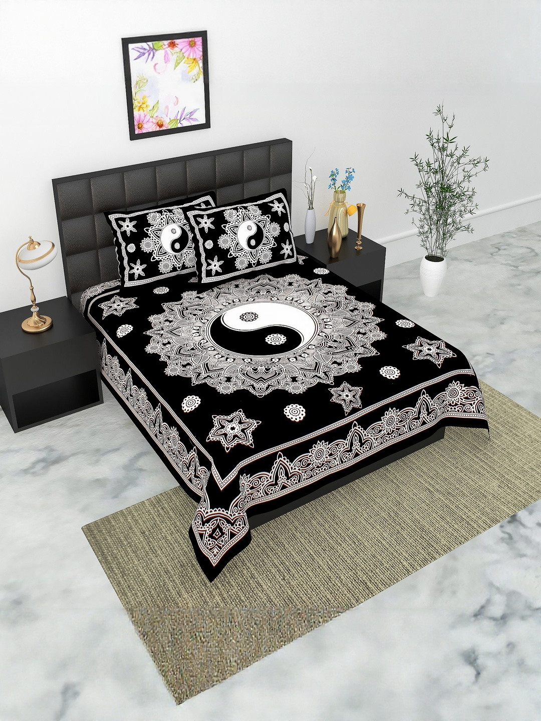 KD PRINTS Black Printed King 180 TC Flat Bedsheet With 2 Pillow Covers 85 X 95 Inches