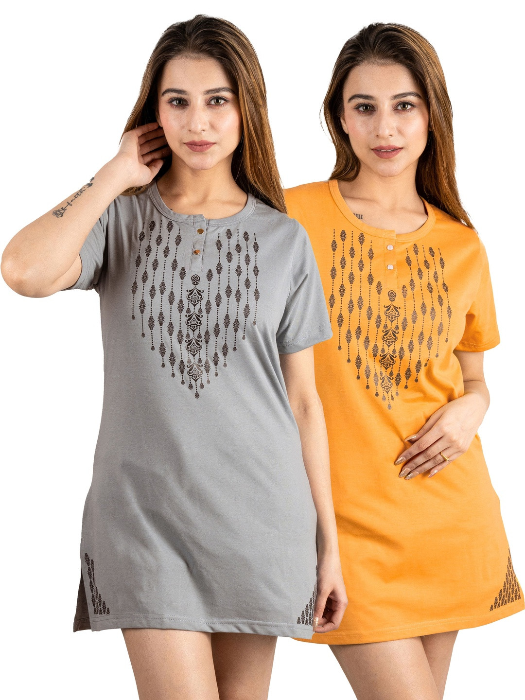 URBE-URBAN EVOLUTION Pack Of 2 Women Printed Cotton Round Neck Lounge Tshirts