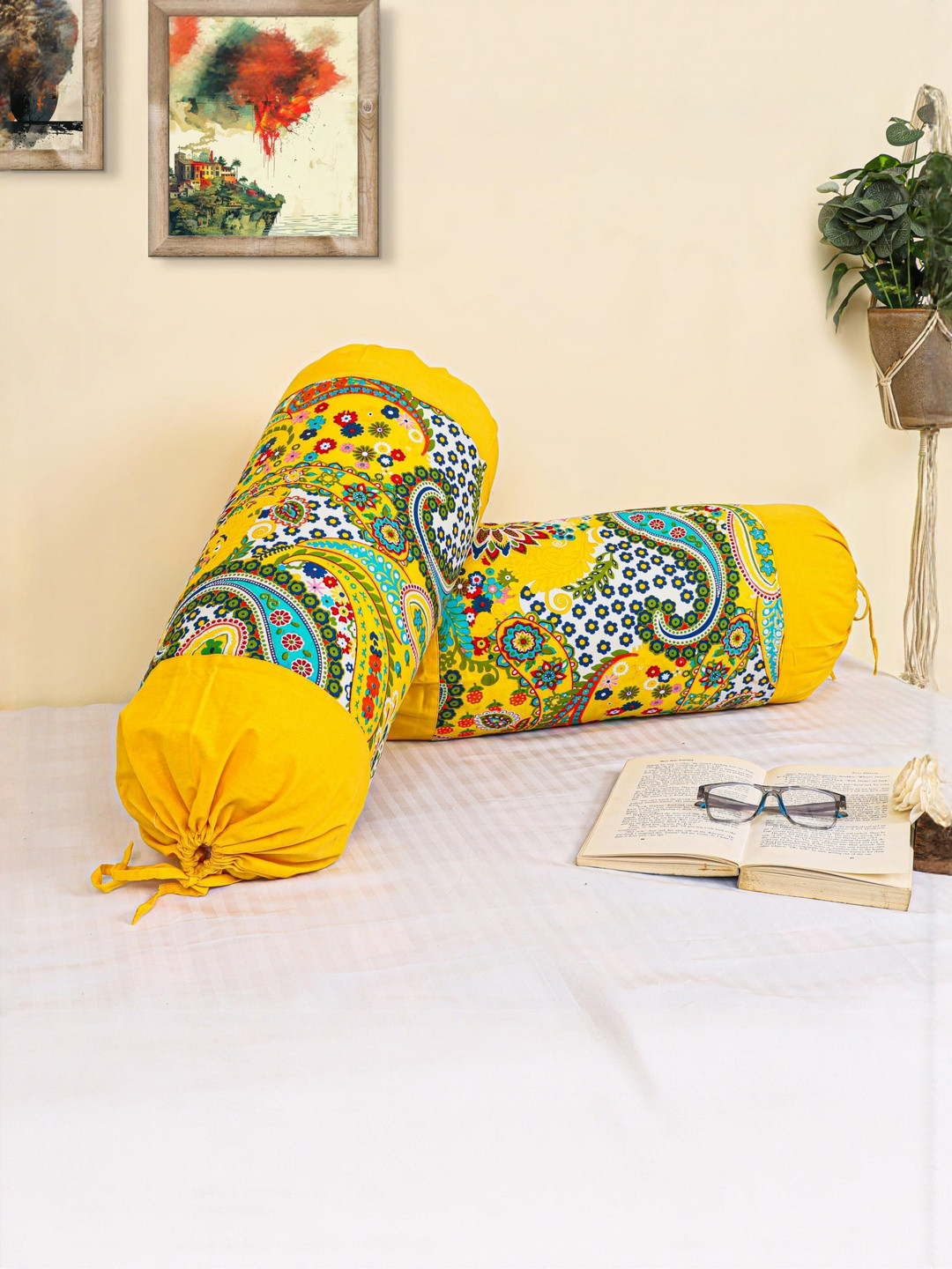 DECOWAT Yellow & White Printed 2 Pieces Cotton Bolster Covers - 16 x 32 In