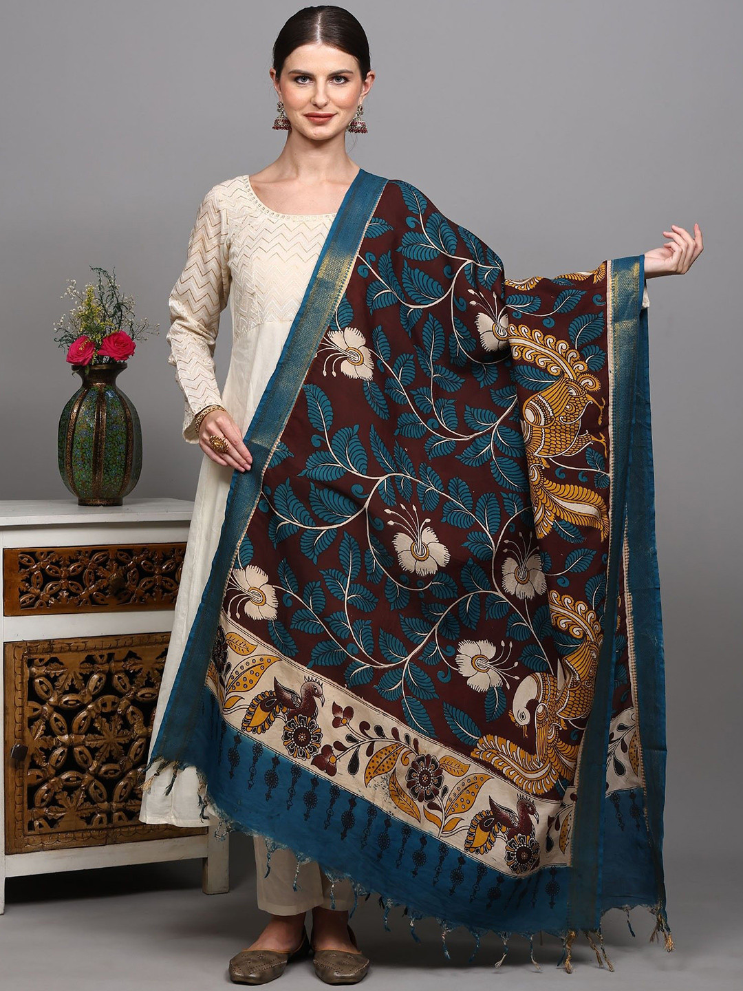 Exotic India Peacock Kalamkari Printed Zari Work Art Silk Dupatta