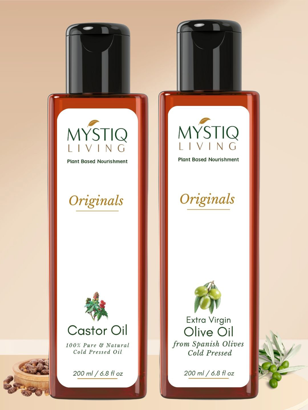 MYSTIQ LIVING 100% Pure Cold-Pressed Castor & Olive Hair & Skin Care Oil - 200ml Each