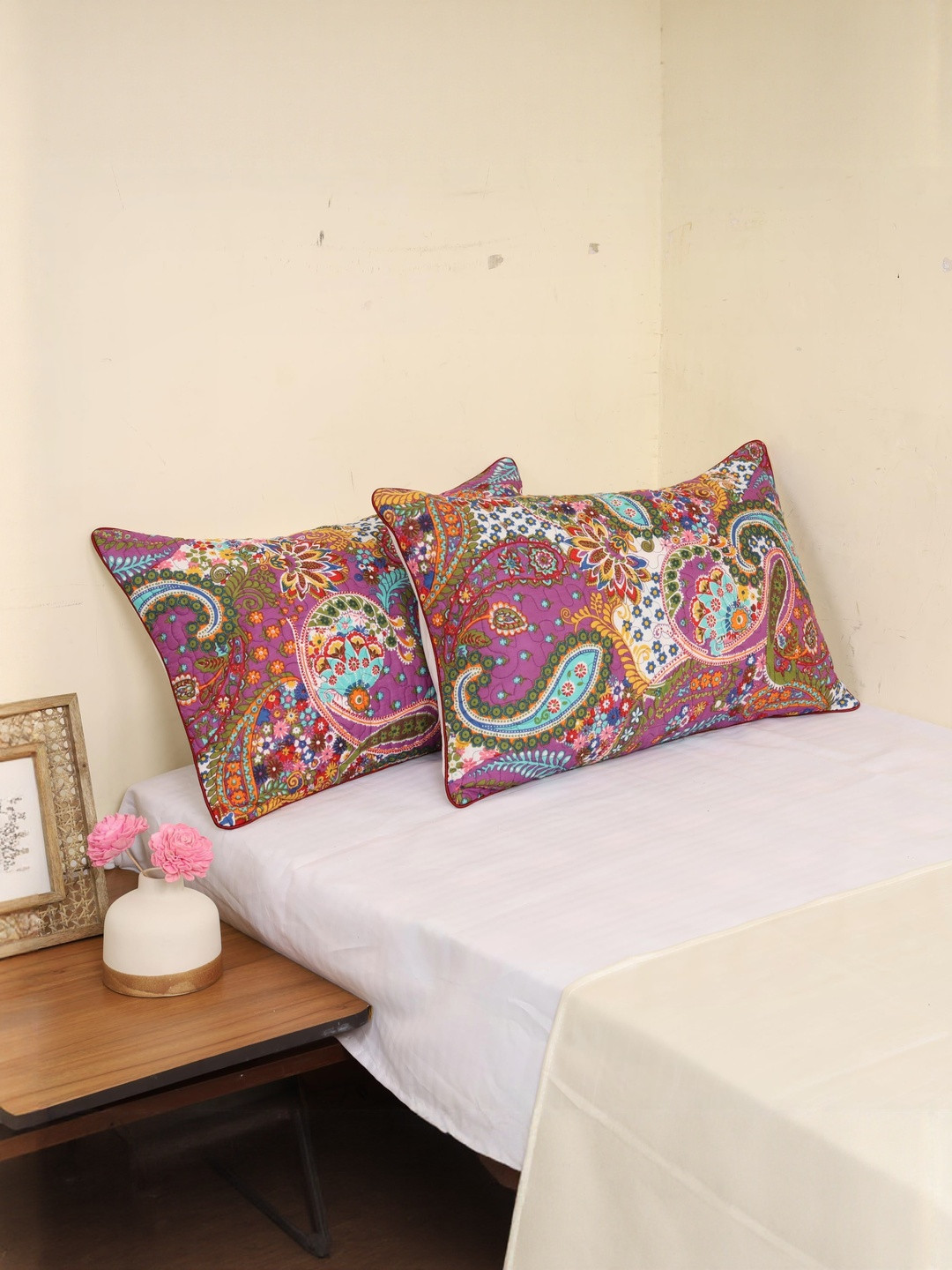 DECOWAT Purple Embroidered Pure Cotton 2 Pieces Rectangle Pillow Covers