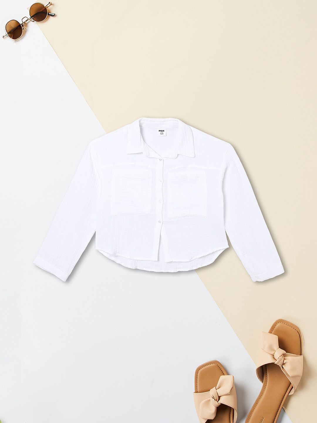 Max Girls Solid Collared Long Sleeve Cotton Top