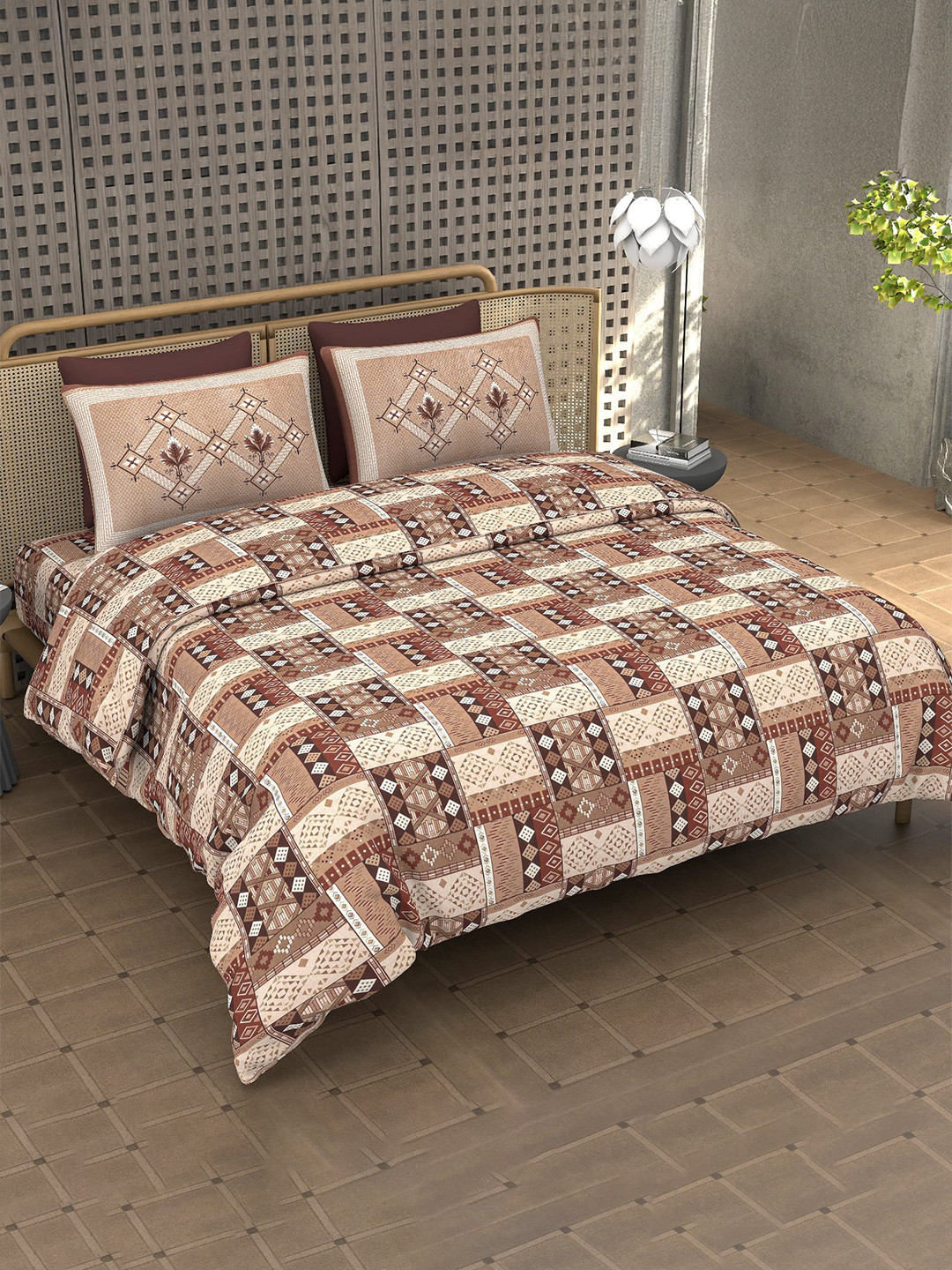 Homio Brown & Cream Colored Floral Printed 400 TC Super King Bedsheet Set 2.75 x 2.75 m