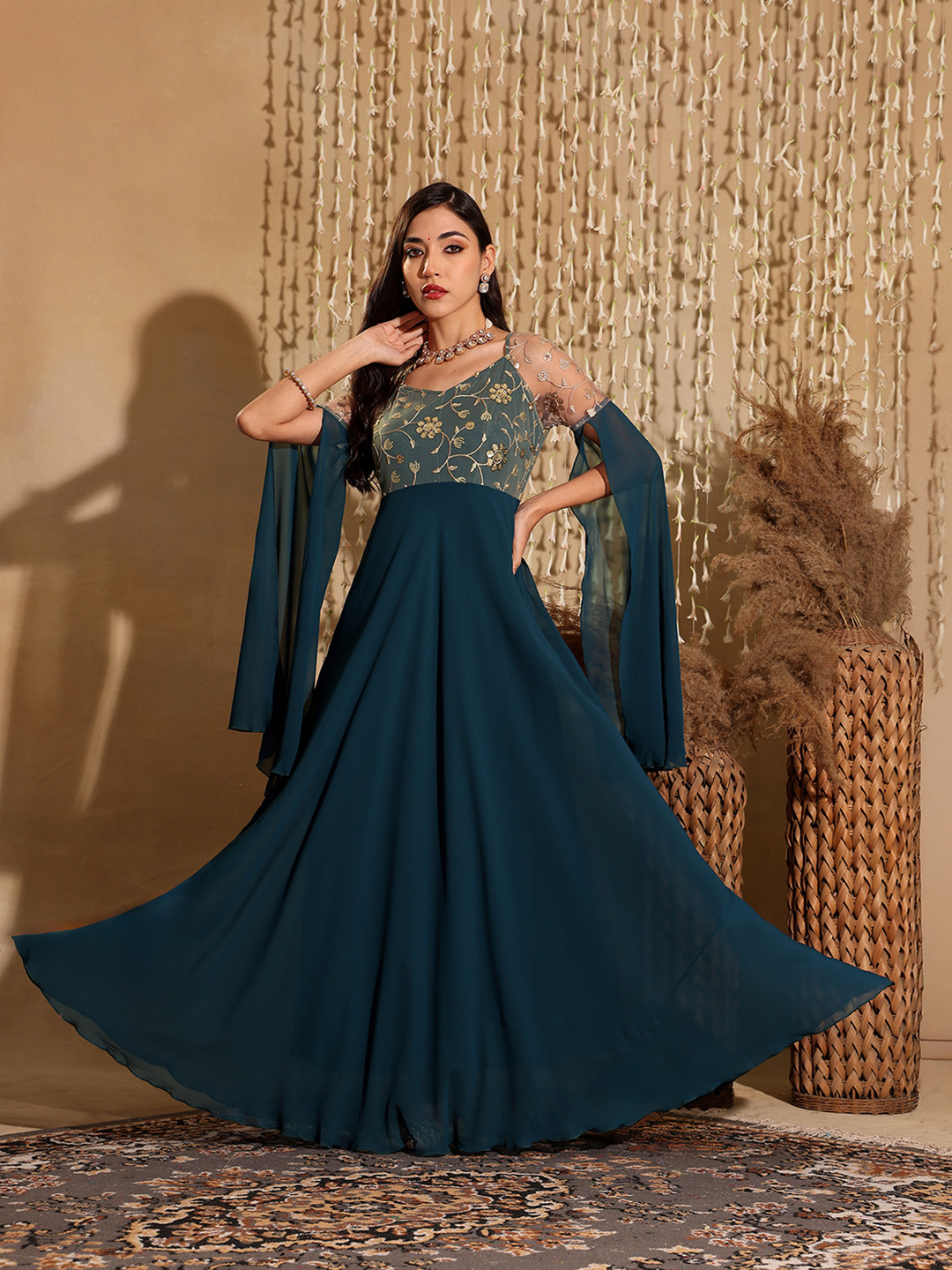 Miss Chase Women Embroidered V-Neck Full Sleeve Georgette Fit & Flare Maxi Dress