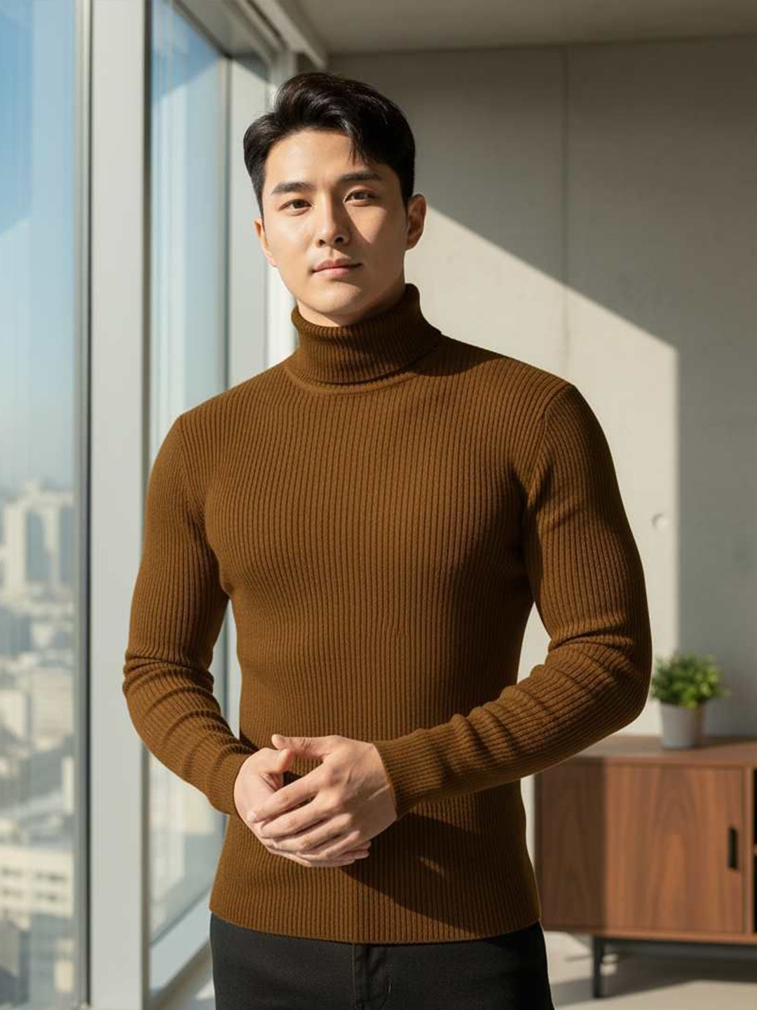 fashlook Men Mustard Ribbed Turtle Neck Long Sleeves Sweatshirt