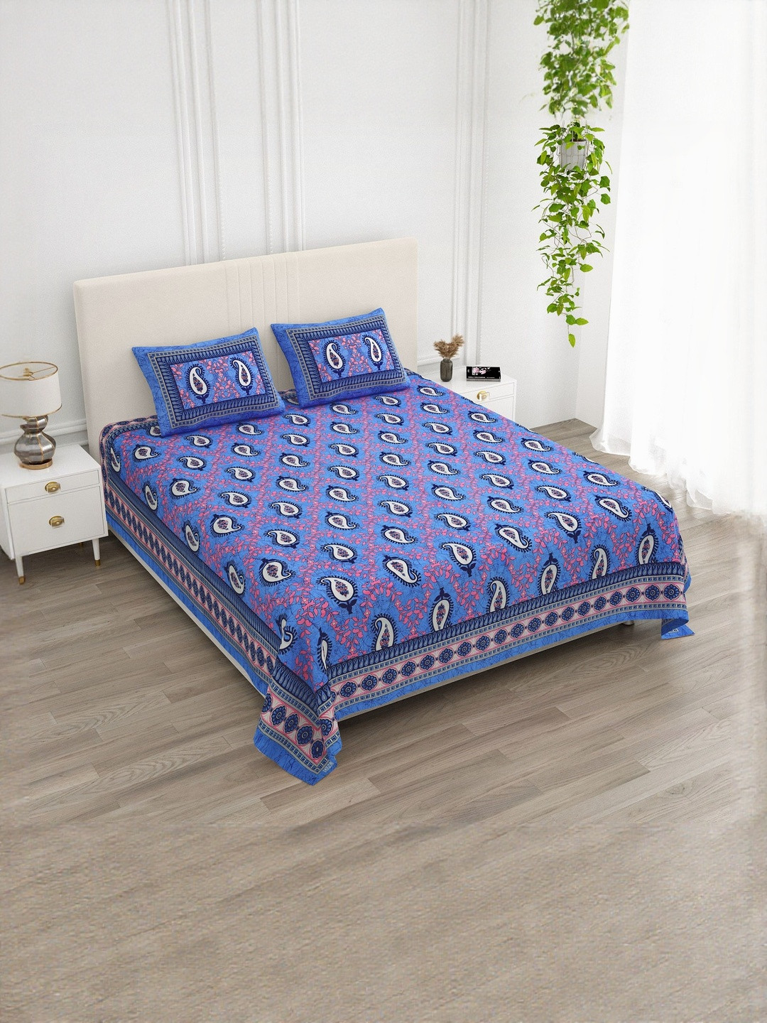 KD PRINTS Blue & White 210 TC King Bedsheet with 2 Pillow Covers
