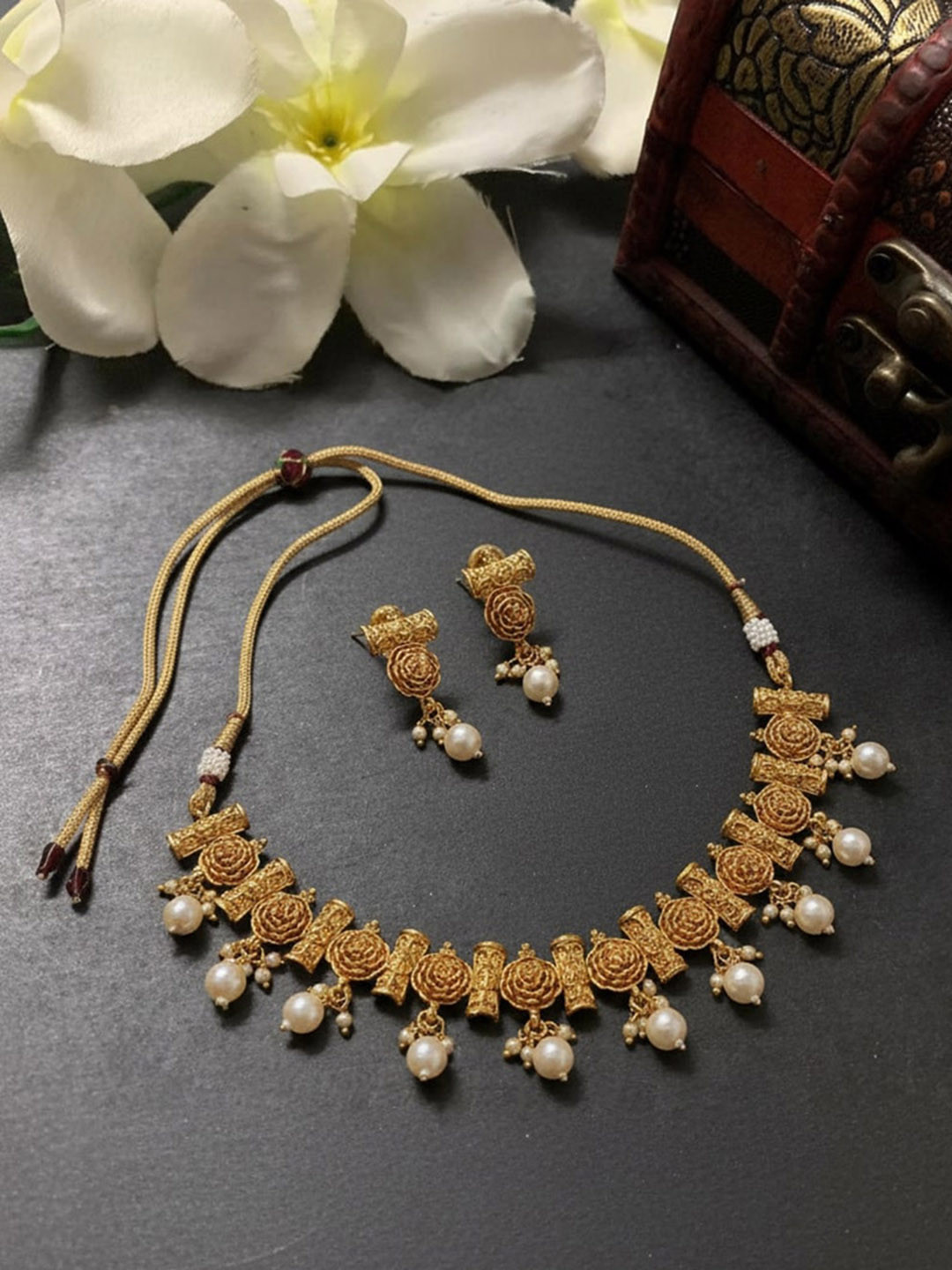 FIROZA White Gold-Plated Beaded Floral Jewellery Set
