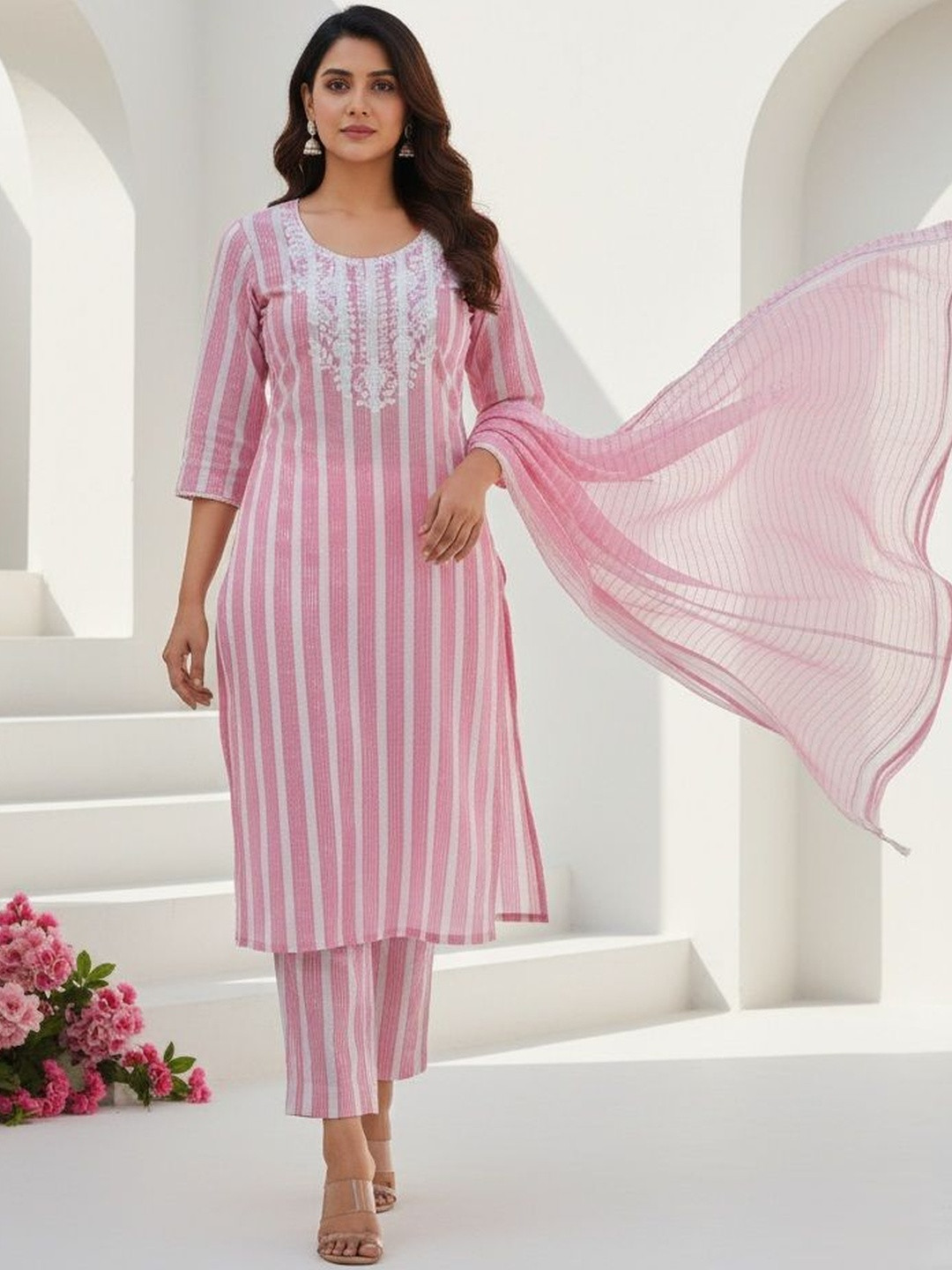 TANNAH Printed Round Neck Chikankari Straight Kurta With Trousers & Dupatta