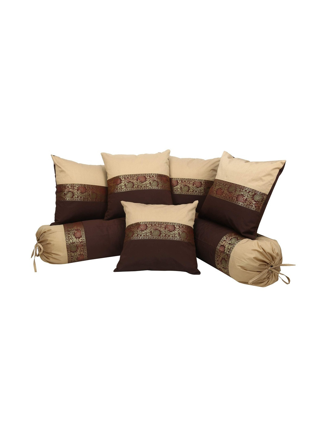 DECOWAT Brown & Red 7 Pieces Self Design Pure Silk Square Cushion Covers