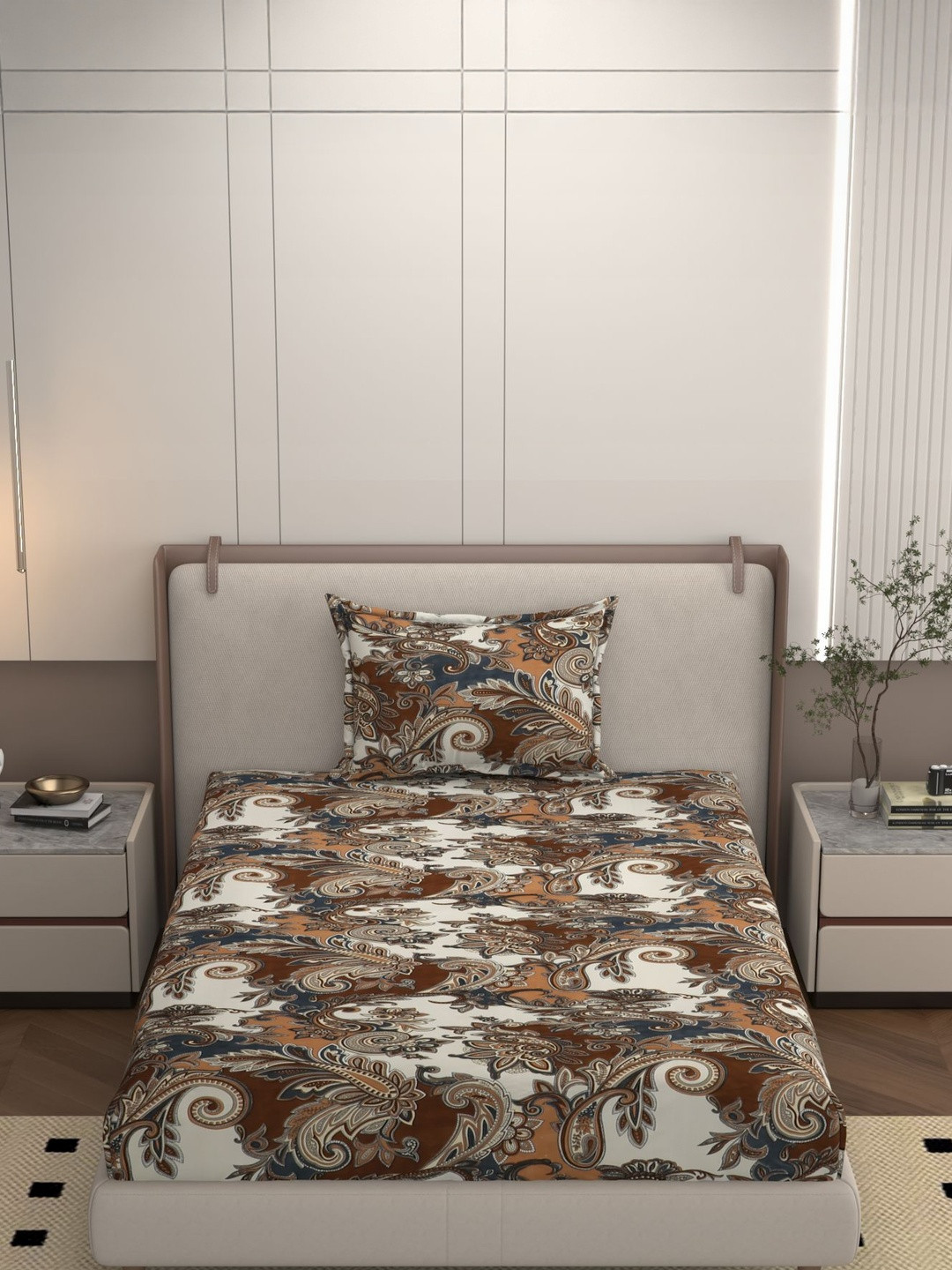 Bromwick White Floral Printed Microfiber 160 TC Flat Single Bedsheet With 1 Pillow Cover