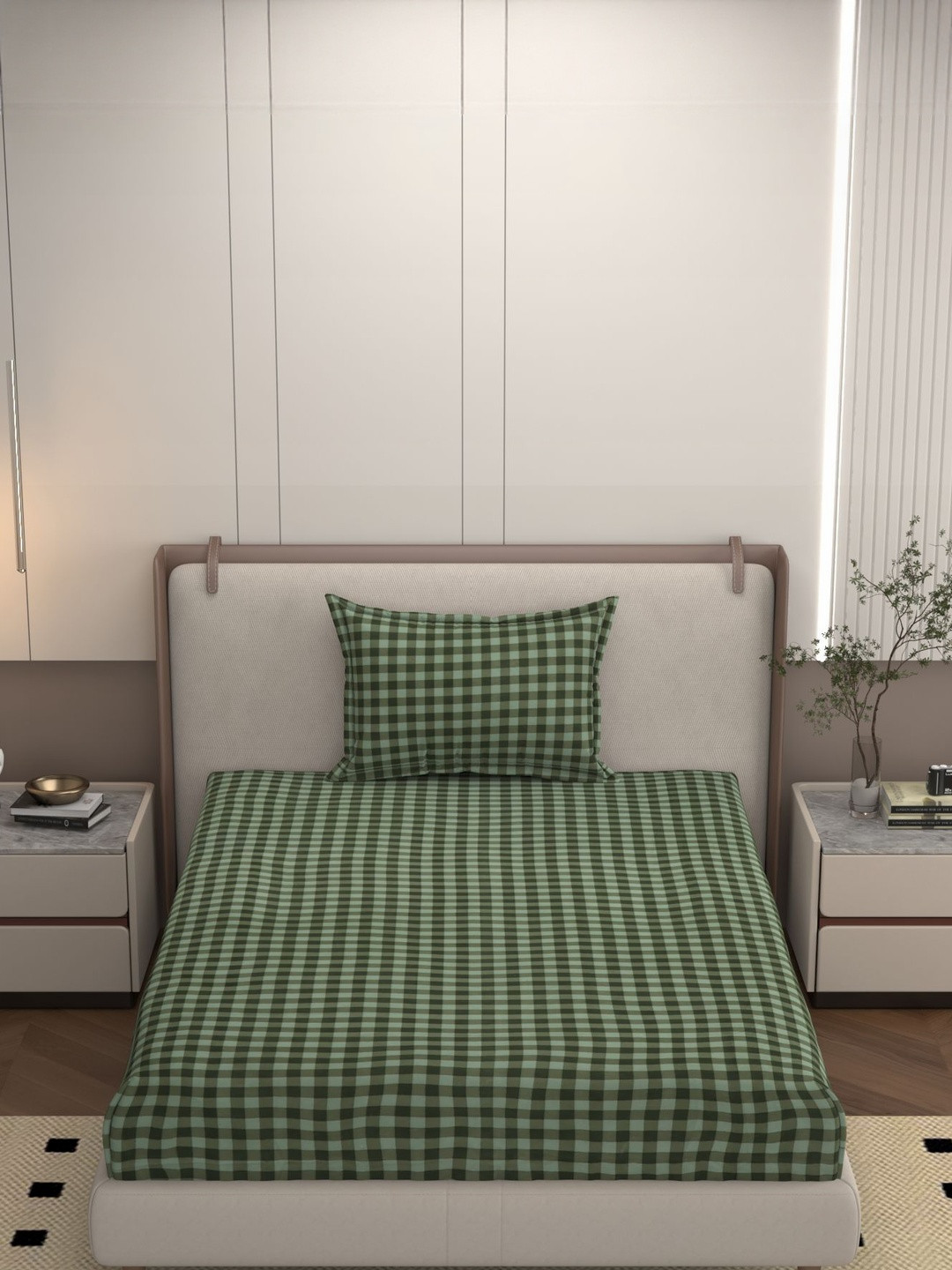 Bromwick Green Checked Cotton 160 TC Flat Single Bedsheet With 1 Pillow Cover