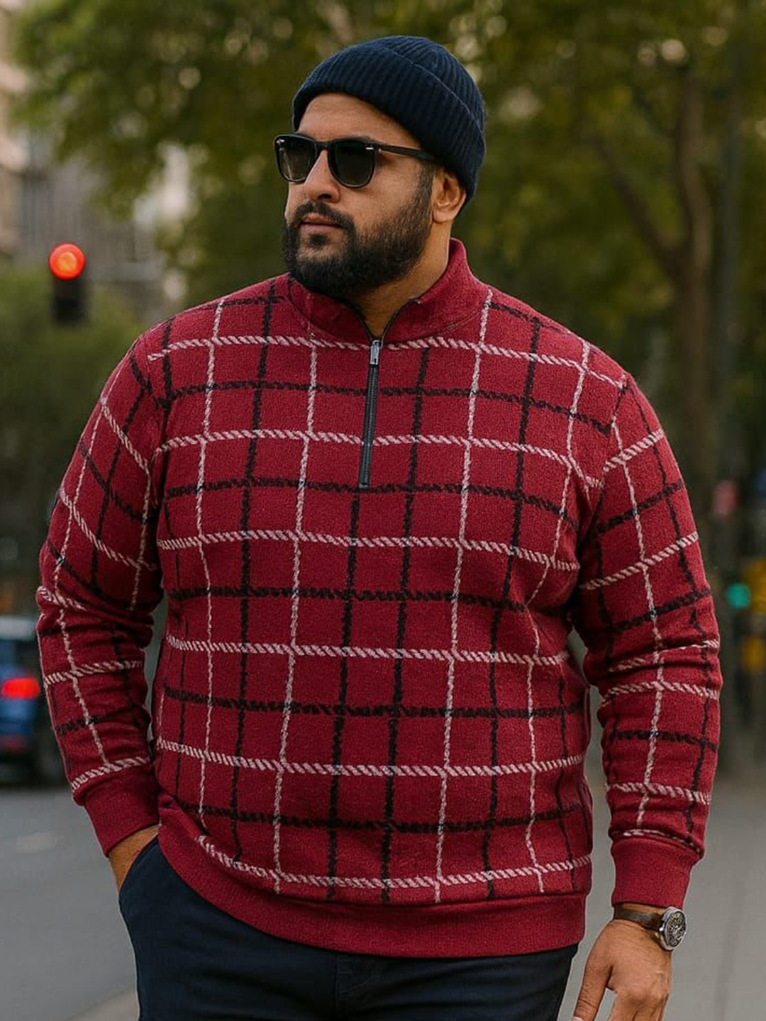 AUSTIVO Men Mock Collar Long Sleeves Half Zipper Checked Pullover