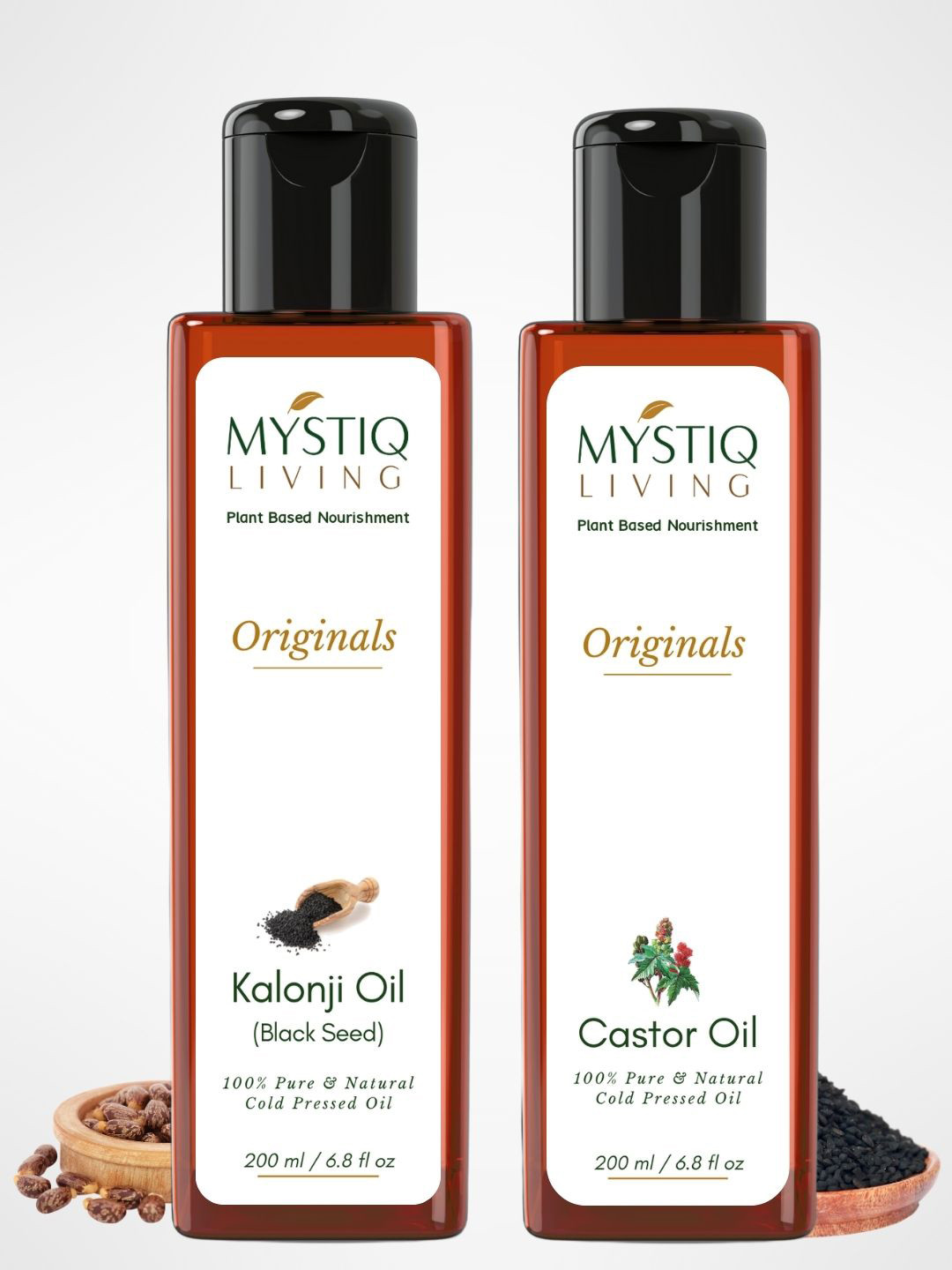 MYSTIQ LIVING 100% Pure Cold-Pressed Castor & Kalonji Hair & Skin Care Oil - 200ml Each