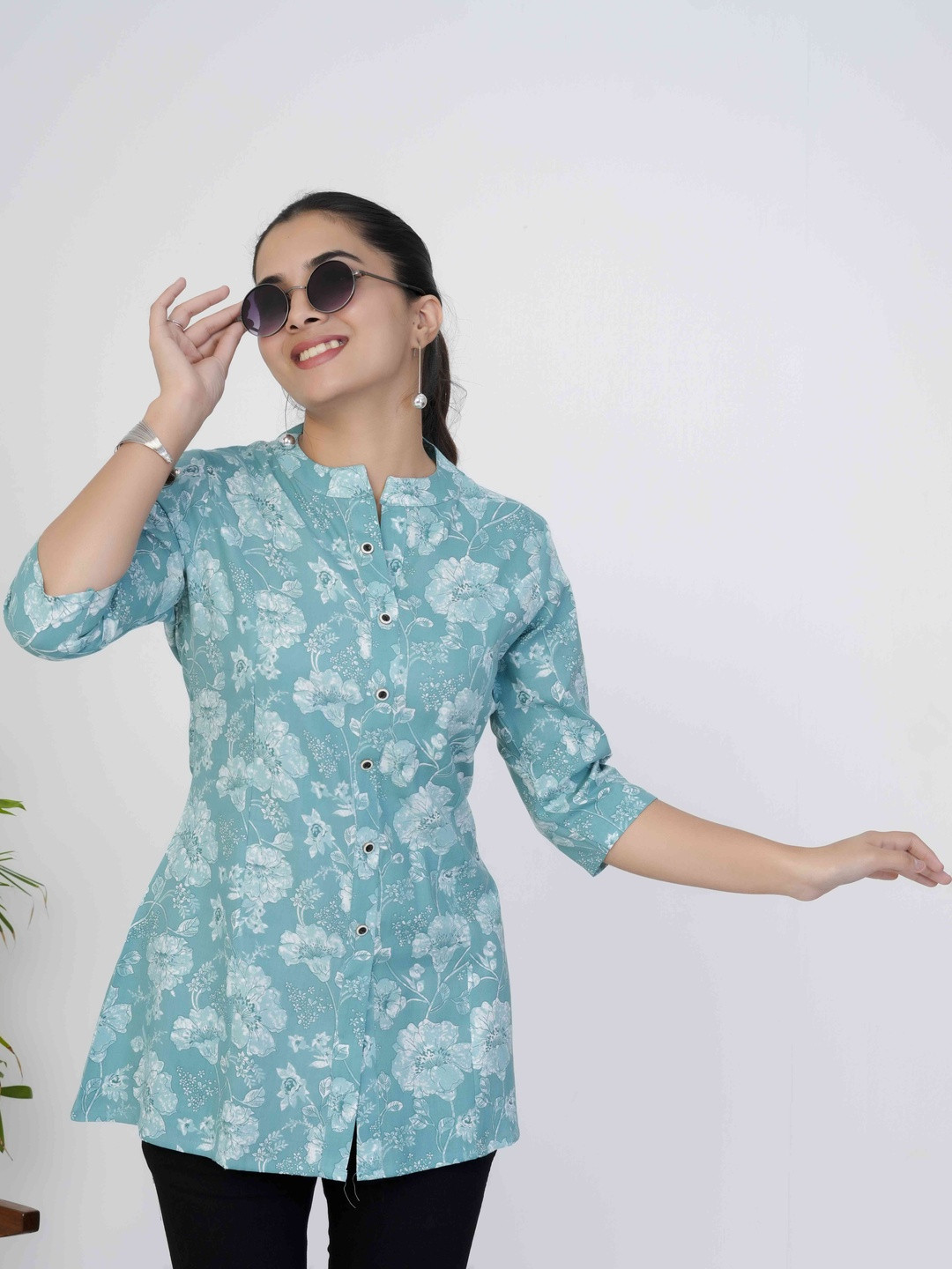 MEHKFAB Turquoise Floral Print Shirt Collar Top