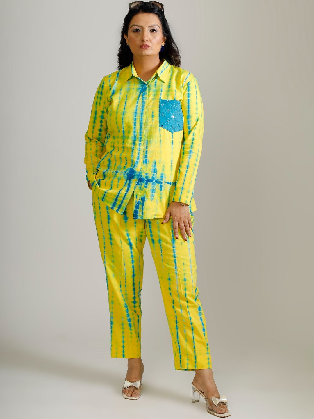 Golden Mirror Women Tie and Dye Dyed Shirt Collar Pure Cotton Shirt With Trouser Co-Ords