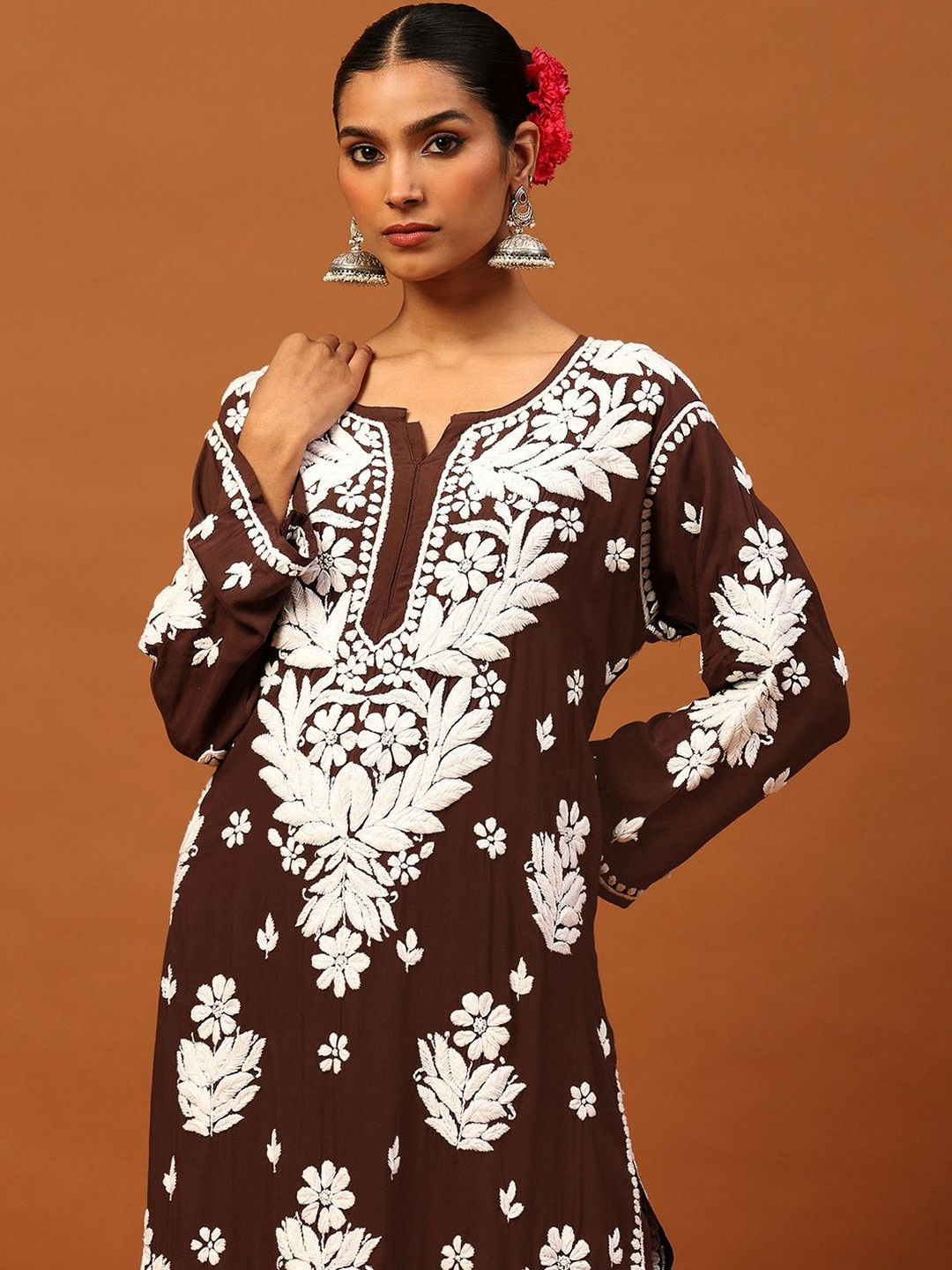 House of Chikankari Floral Embroidered Notch Neck Chikankari Long Kurta With Palazzos