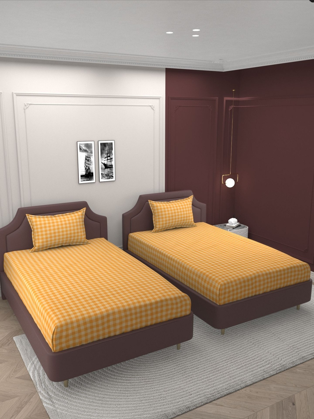 Bromwick Orange & White Checked  Cotton 160 TC 2 Single Bedsheet Set 90 x 60
