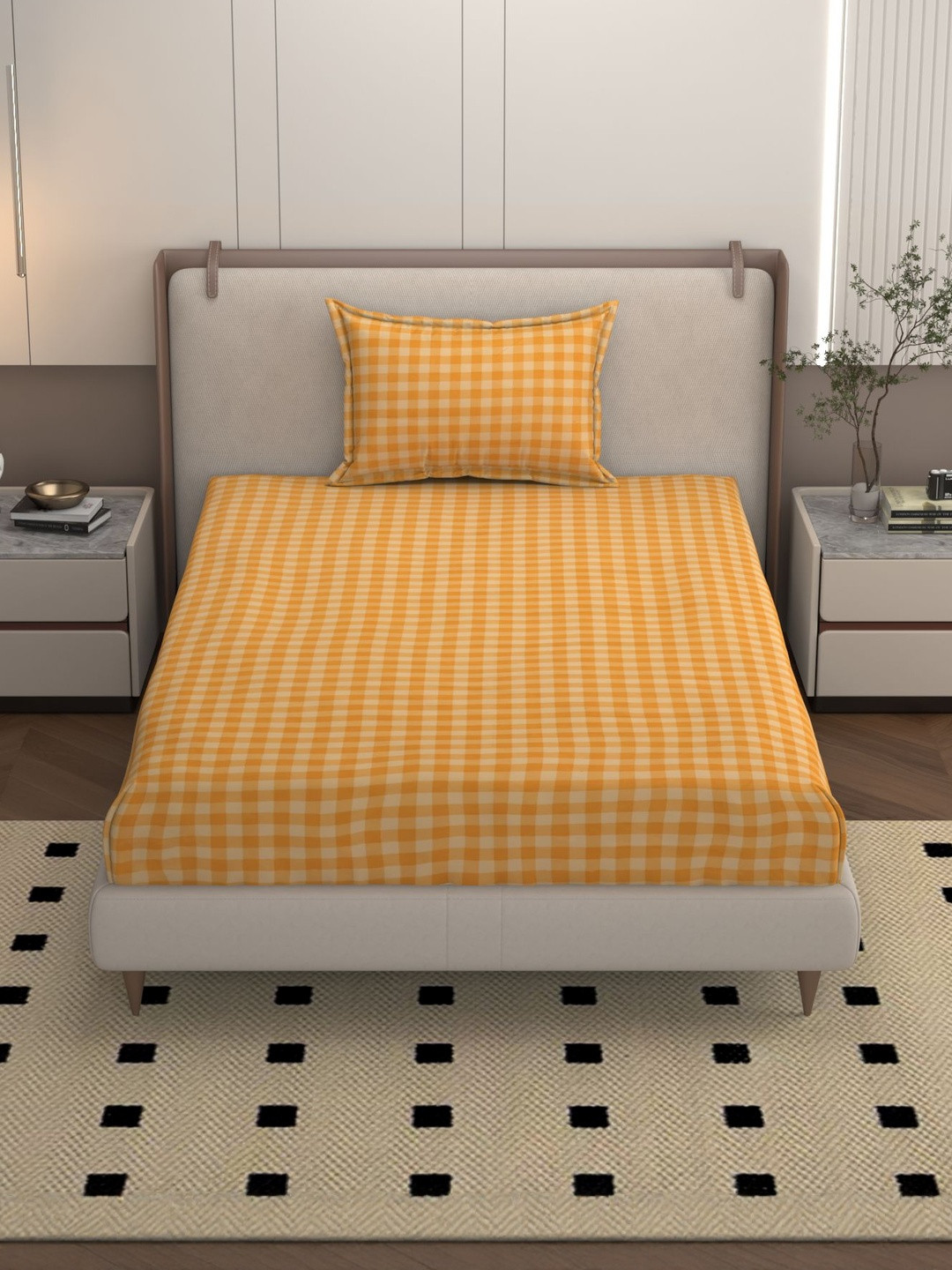 Bromwick Orange Checked Cotton 160 TC Flat Single Bedsheet With 1 Pillow Cover